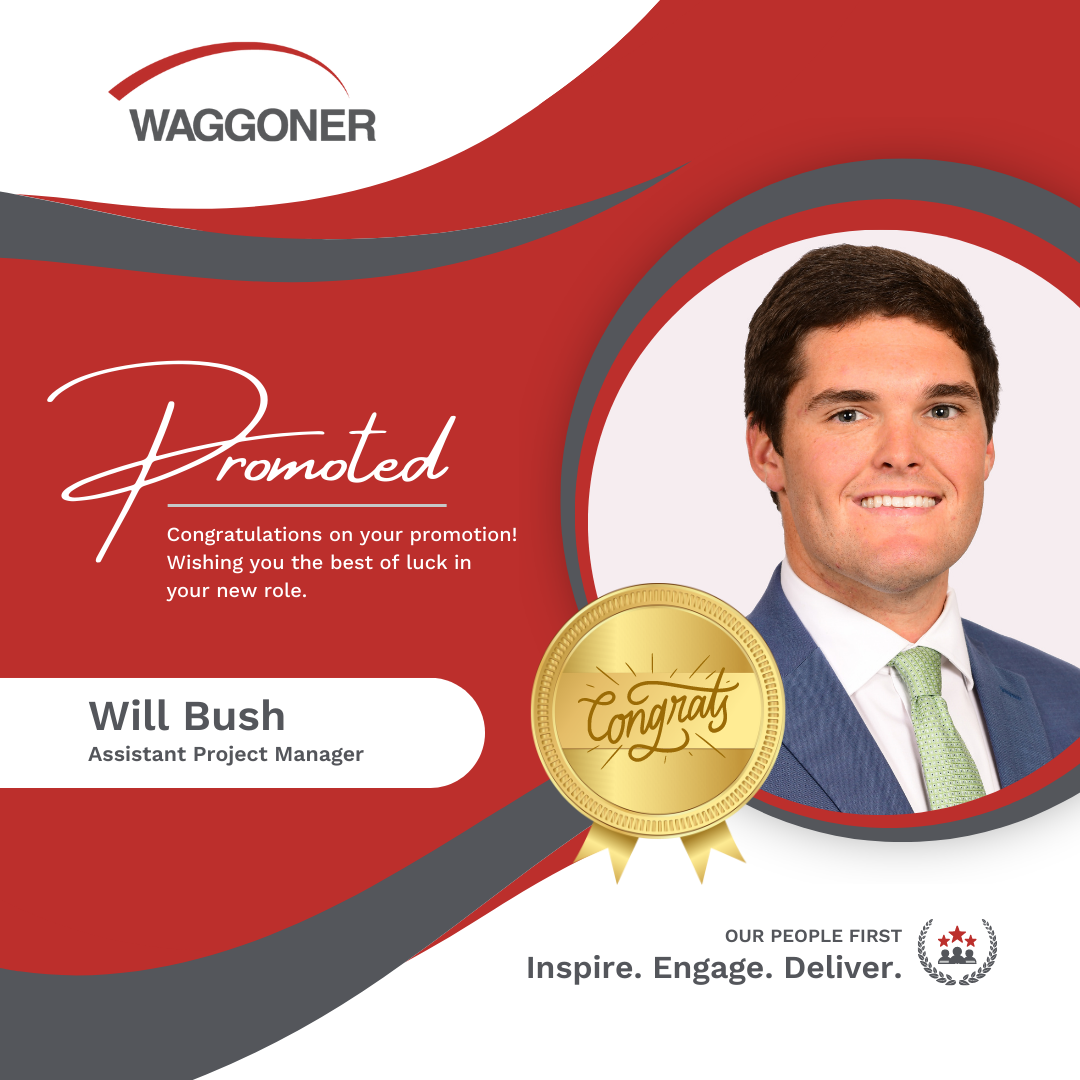 Headshot of Will Bush with words Promoted, Will Bush, Assistant Project Manager