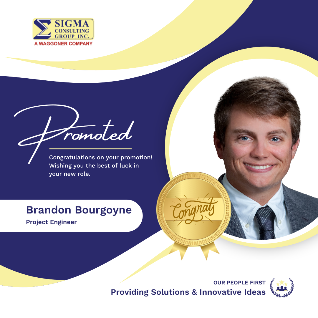 Promoted Brandon Bourgoyne Headshot of Brandon Bourgoyne with words Promoted, Brandon Bourgoyne, Project Engineer