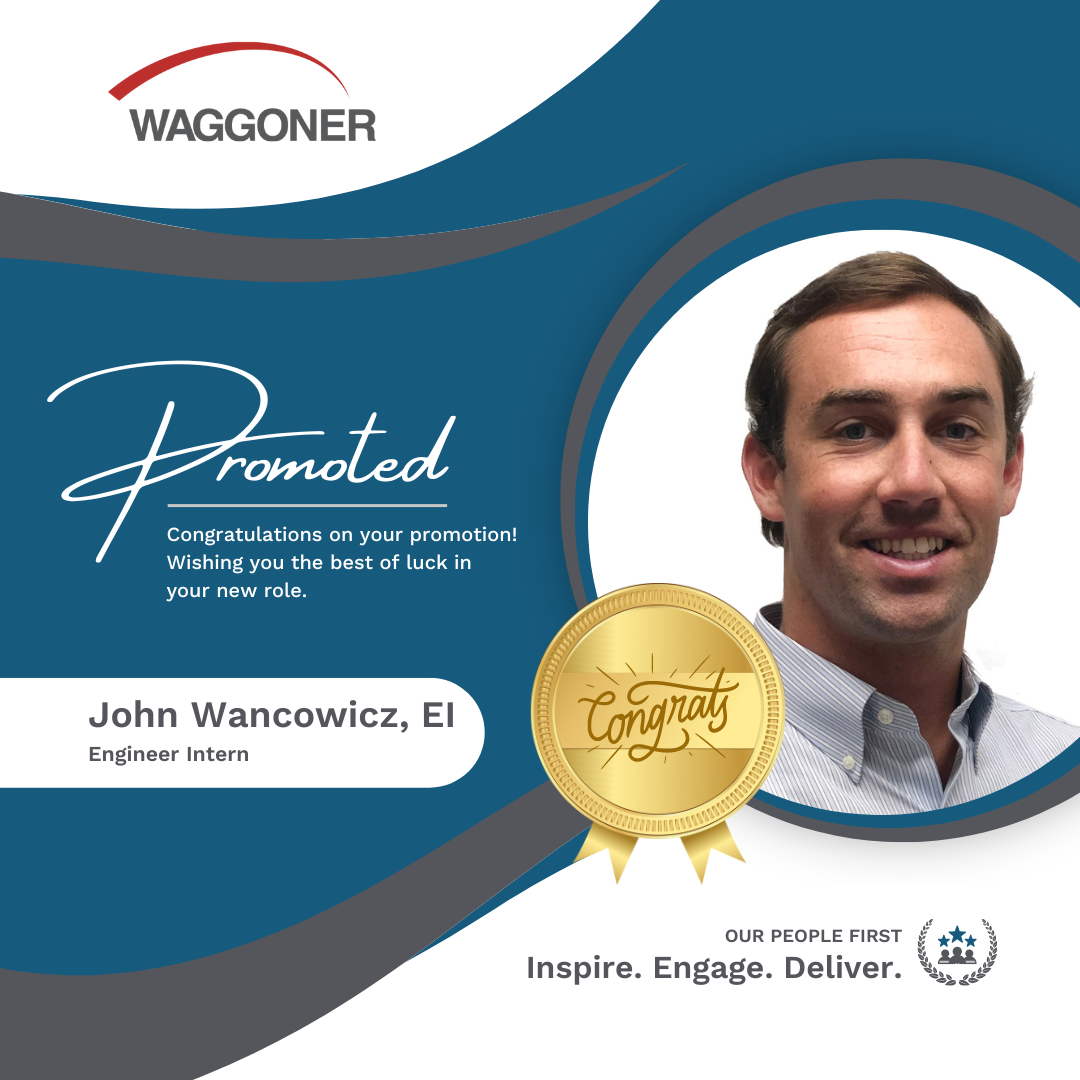 Headshot of John Wancowicz with words Promoted, John Wancowicz, Engineer Intern