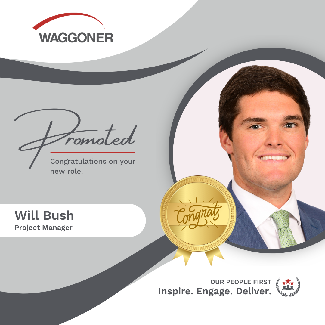 Will Bush Headshot of Will Bush with words Promoted, Will Bush, Project Manager, Congrats