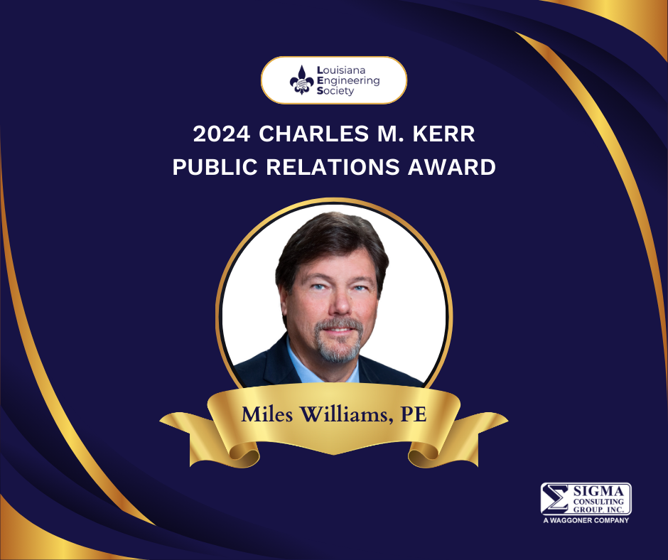 Headshot of Miles Williams on a purple and gold ground and LES and Waggoner logos with words 2024 Charles M. Kerr Public Relations Award, Miles Williams, PE