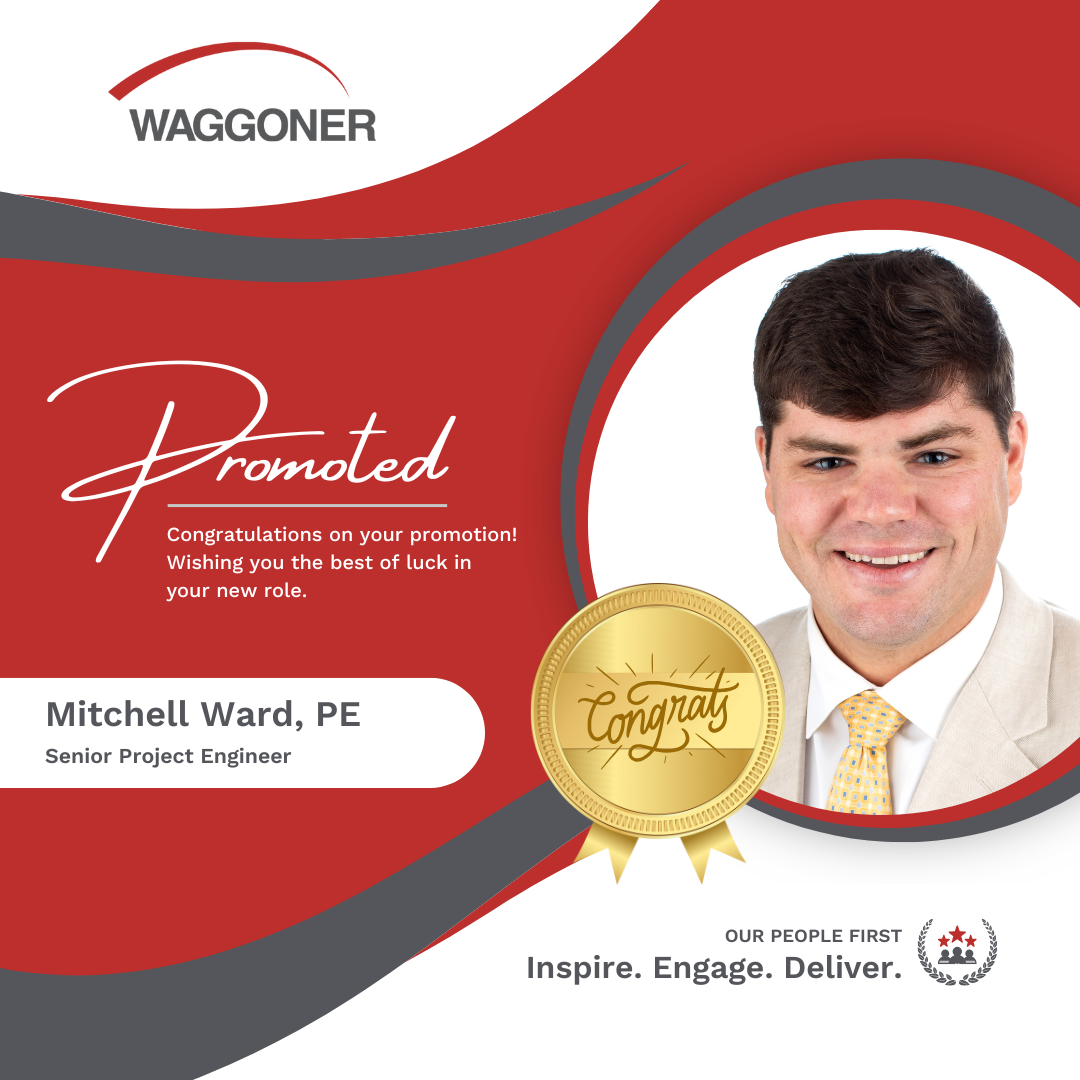 Headshot of Mitchell Ward appears in a circle on a red, gray and white graphic background superimposed with a gold seal bearing the word Congrats adn more words: Promoted, Mitchell Ward, PE, Senior Project Engineer