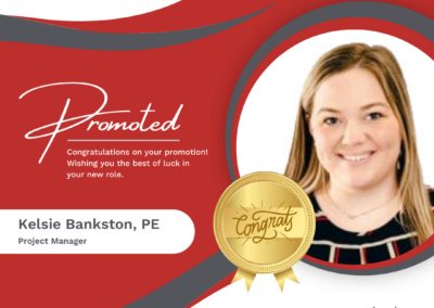 Waggoner promotion announcement for Kelsie Bankston, PE, to Project Manager. The graphic features a portrait of Kelsie with a gold 'Congrats' badge overlay and a congratulatory message. Waggoner's slogan 'Inspire. Engage. Deliver.' appears at the bottom.