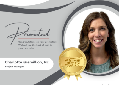 Waggoner promotion announcement for Charlotte Gremillion, PE, to Project Manager. The graphic includes a portrait of Charlotte with a gold 'Congrats' badge overlay and a congratulatory message. Waggoner's slogan 'Inspire. Engage. Deliver.' is shown at the bottom.
