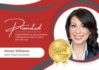 Graphic celebrating the promotion of Aimee Williams to Senior Project Accountant at Waggoner Engineering. The design features a red and gray background with a large “Promoted” script, a circular photo of Aimee smiling, and a gold “Congrats” medal. The tagline “Inspire. Engage. Deliver.” appears at the bottom.