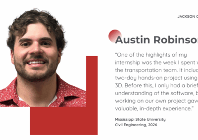 Austin Robinson, Civil Engineering student at Mississippi State University (2026), recounts a highlight of working with the transportation team on a hands-on Civil 3D project, which significantly enhanced his software and engineering experience.