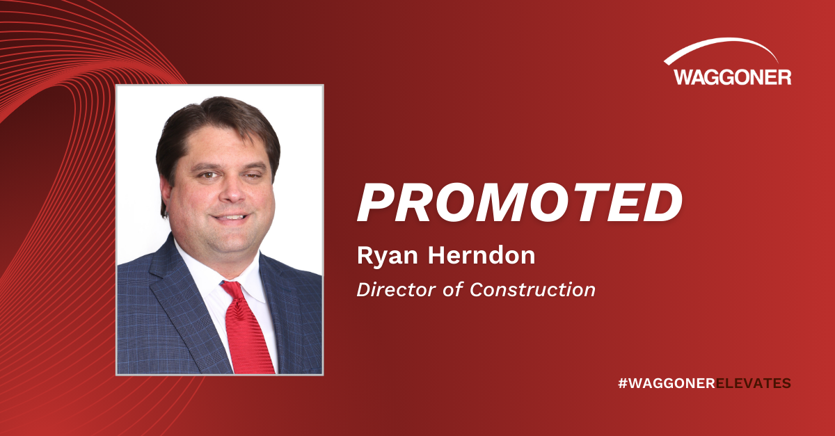 Promoted_Herndon_Ryan - red option Waggoner promotion graphic featuring a headshot on the left and bold “Promoted” text on a red background announcing Ryan Herndon’s promotion to Director of Construction. / Waggoner promotion graphic featuring a headshot on the left and bold “Promoted” text on a red background announcing Ryan Herndon’s promotion to Director of Construction.