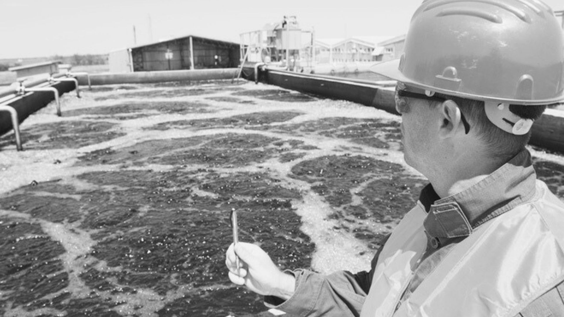 Waggoner - Gulf Region Water and Wastewater Infrastructure Program Engineer wearing a hard hat observes an aeration basin at a wastewater treatment facility.