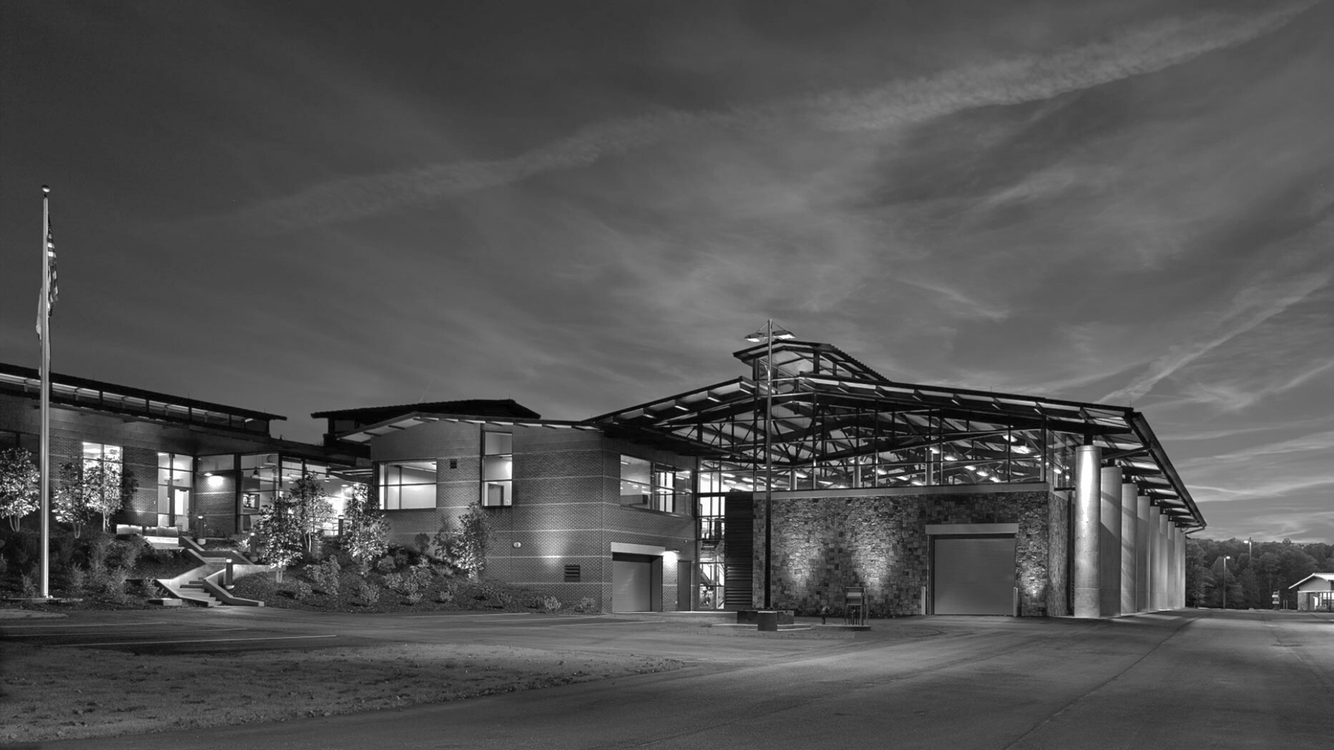 Waggoner - Opelika Utilities Exterior view of an Opelika Utilities facility building with modern architectural design at dusk.