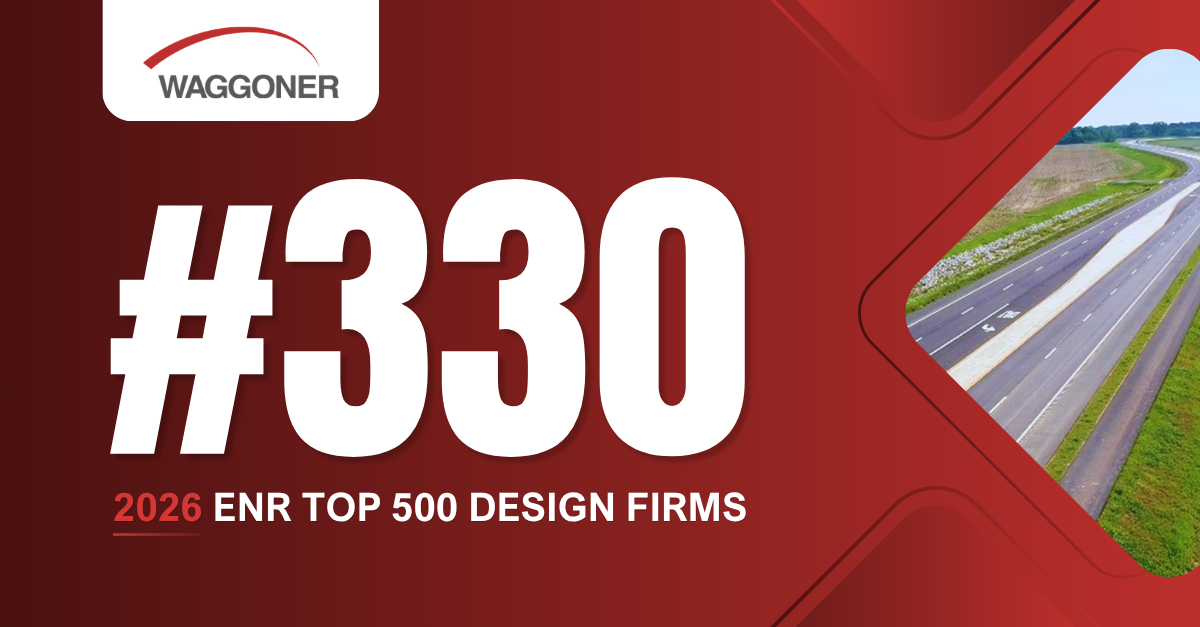 Graphic highlighting Waggoner's ranking of #330 on the 2026 ENR Top 500 Design Firms list, featuring large “#330” text, the Waggoner logo, and a supporting infrastructure image on a red gradient background.