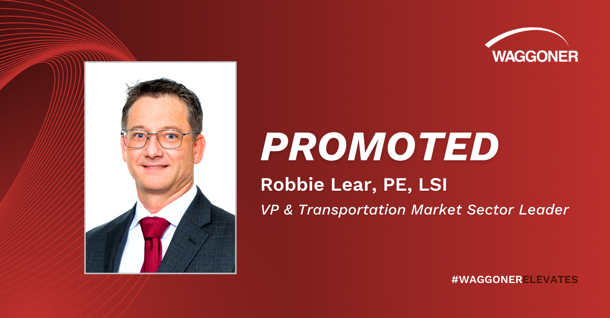 Uploaded image Promotional graphic announcing Robbie Lear’s promotion at Waggoner. The image features a professional headshot of a man in a dark suit, white shirt, and red tie on the left side against a light gray background. On the right, large white text reads “PROMOTED” followed by “Robbie Lear, PE, LSI” and “VP & Transportation Market Sector Leader.” The Waggoner logo appears in the upper-right corner, and the hashtag “#WAGGONERELEVATES” is shown in the lower-right corner. The background is a deep red gradient with curved red line graphics flowing from the upper-left corner. less detail on headshot, just say professional headshot Promotional graphic announcing Robbie Lear’s promotion at Waggoner. The image features a professional headshot on the left side and bold white text on the right reading “PROMOTED,” followed by “Robbie Lear, PE, LSI” and “VP & Transportation Market Sector Leader.” The Waggoner logo appears in the upper-right corner, and the hashtag “#WAGGONERELEVATES” is displayed in the lower-right corner. The background is a deep red gradient with curved line graphics flowing from the upper-left corner. less info on background, or avoid Promotional graphic announcing Robbie Lear’s promotion at Waggoner. The graphic includes a professional headshot alongside bold text reading “PROMOTED,” followed by “Robbie Lear, PE, LSI” and “VP & Transportation Market Sector Leader.” The Waggoner logo and the hashtag “#WAGGONERELEVATES” are also displayed.